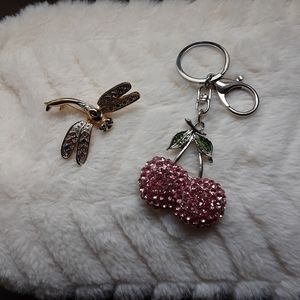 Le Chateau Cherry Bag Charm and Dragonfly Brooch